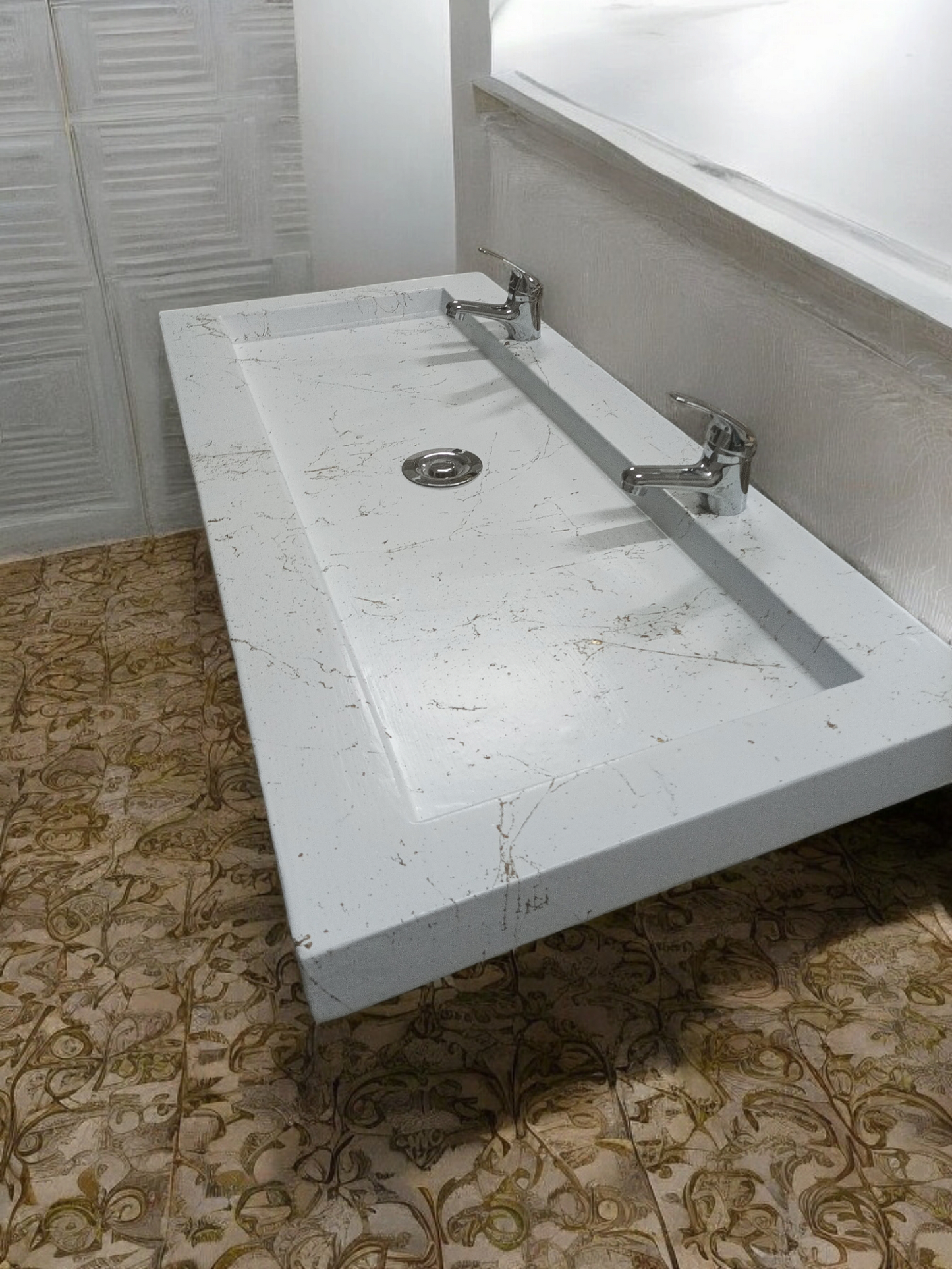 Plan double vasque en béton fibré cimenté blanc effet marbre doré , fabriqué artisanalement en France par Gakeal