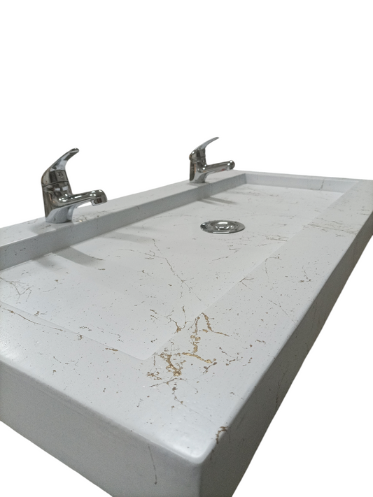 Plan double vasque en béton fibré cimenté blanc effet marbre doré , fabriqué artisanalement en France par Gakeal