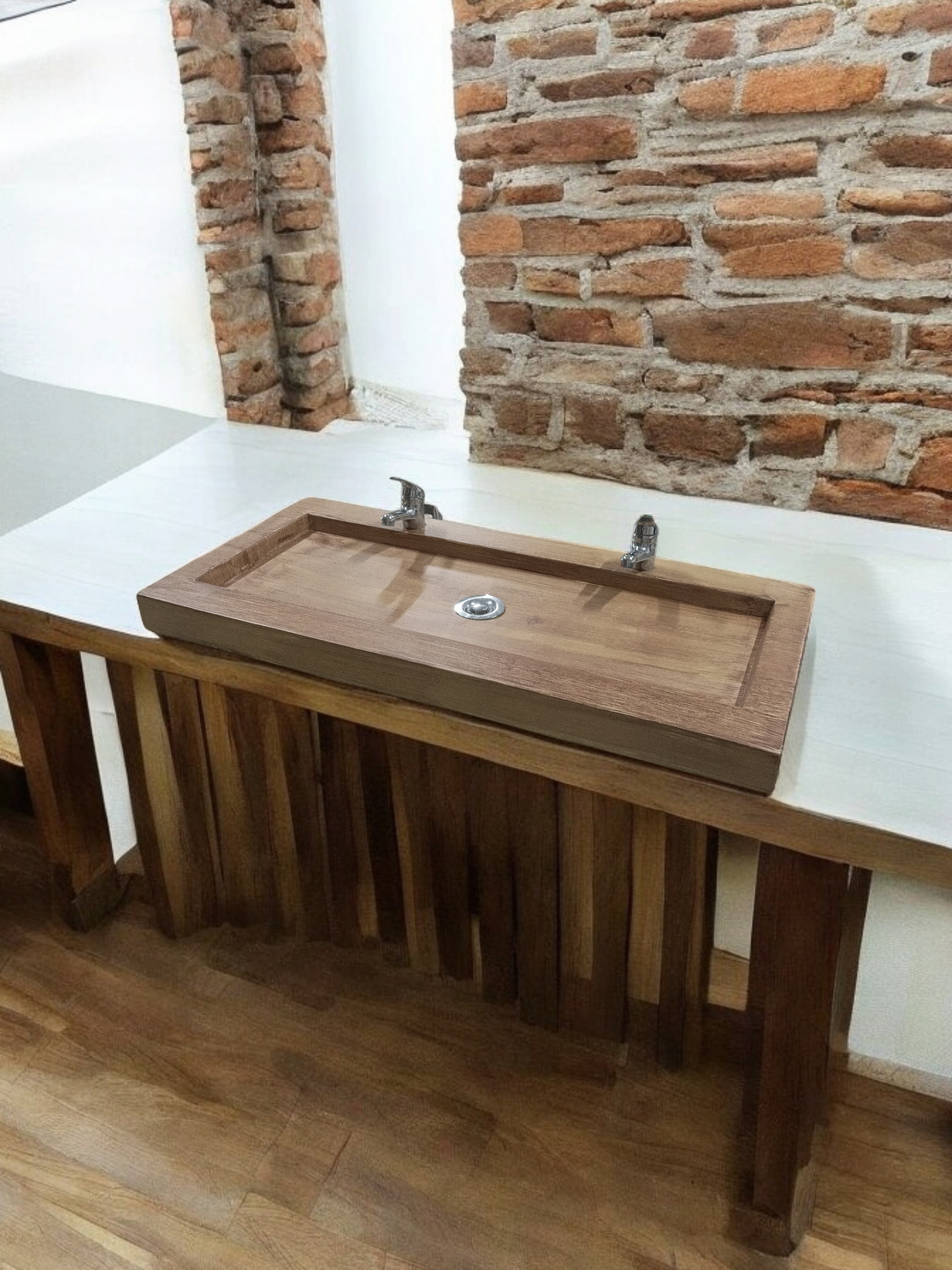 Plan double vasque en béton fibré cimenté effet bois saloon , fabriqué artisanalement en France par Gakeal