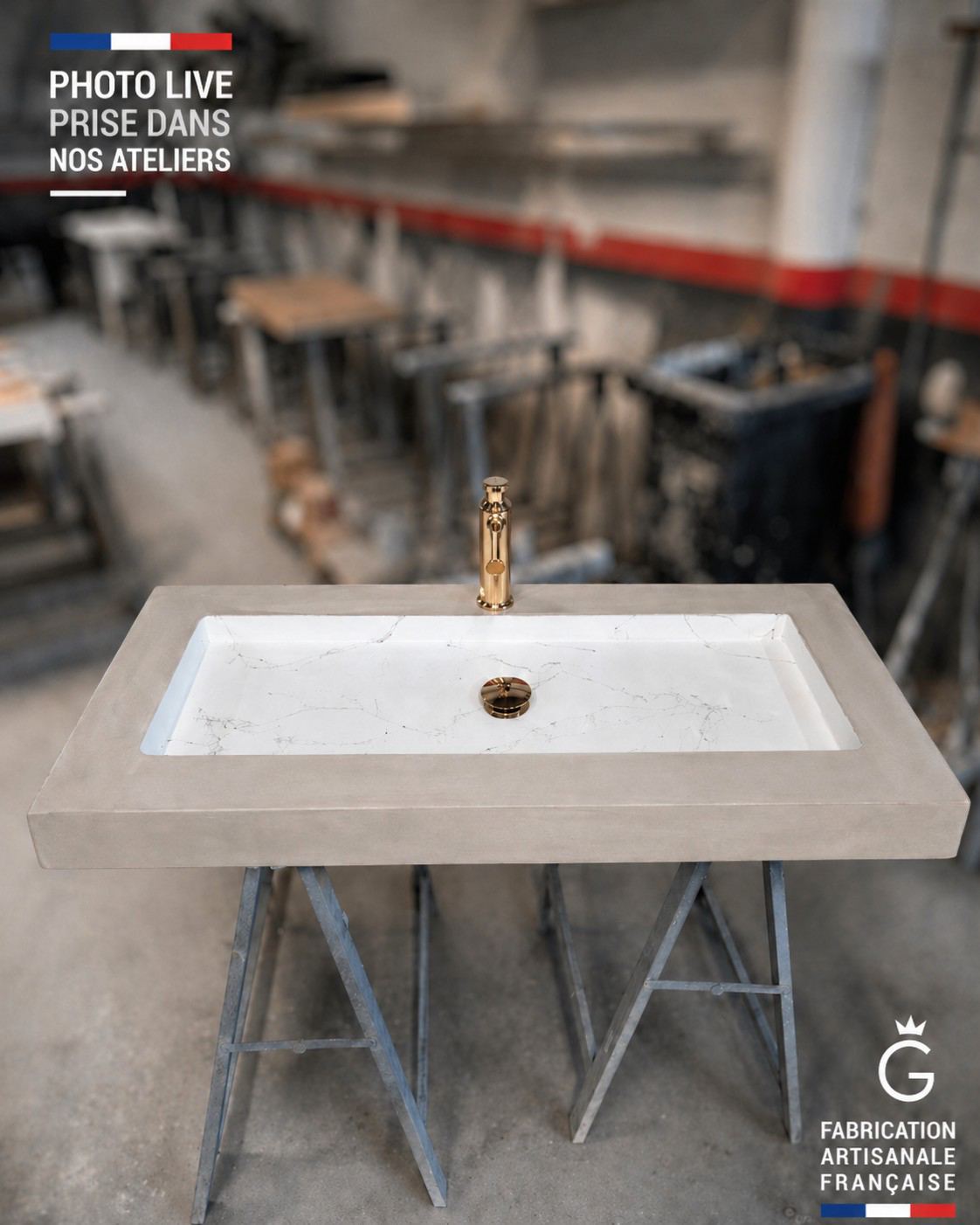 Plan double vasque bicolore ton pierre & intérieur effet marbre doré – béton ciré renforcé – fabrication artisanale française Gakeal